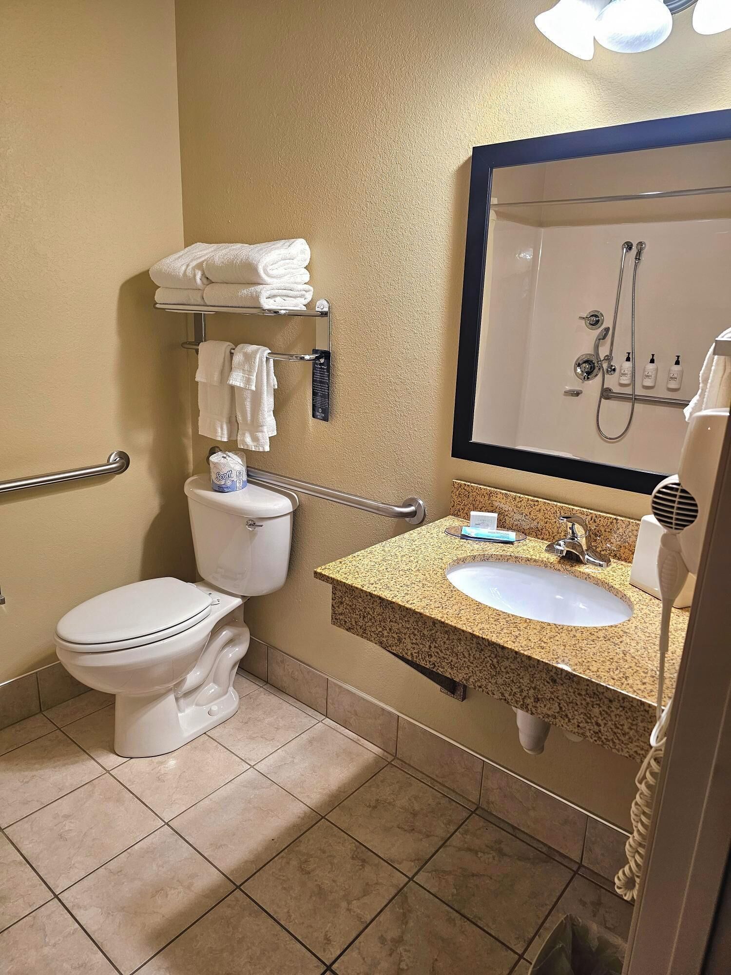 combined shower/bathtub, designer toiletries, hair dryer, towels