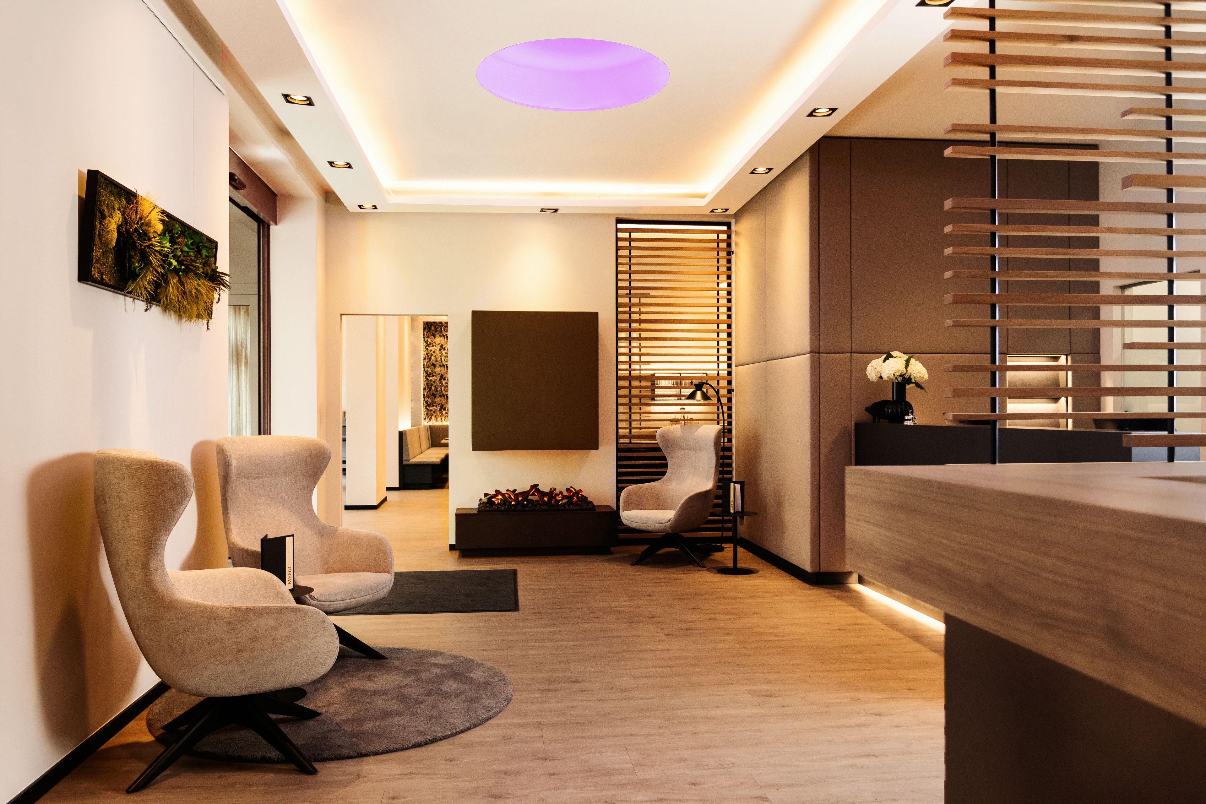 A modern reception area with a wooden reception desk, two armchairs, a wall-mounted TV, and a decorative plant.