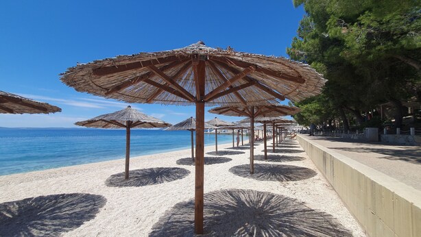 Una playa con hileras de sombrillas de paja y una orilla arenosa.