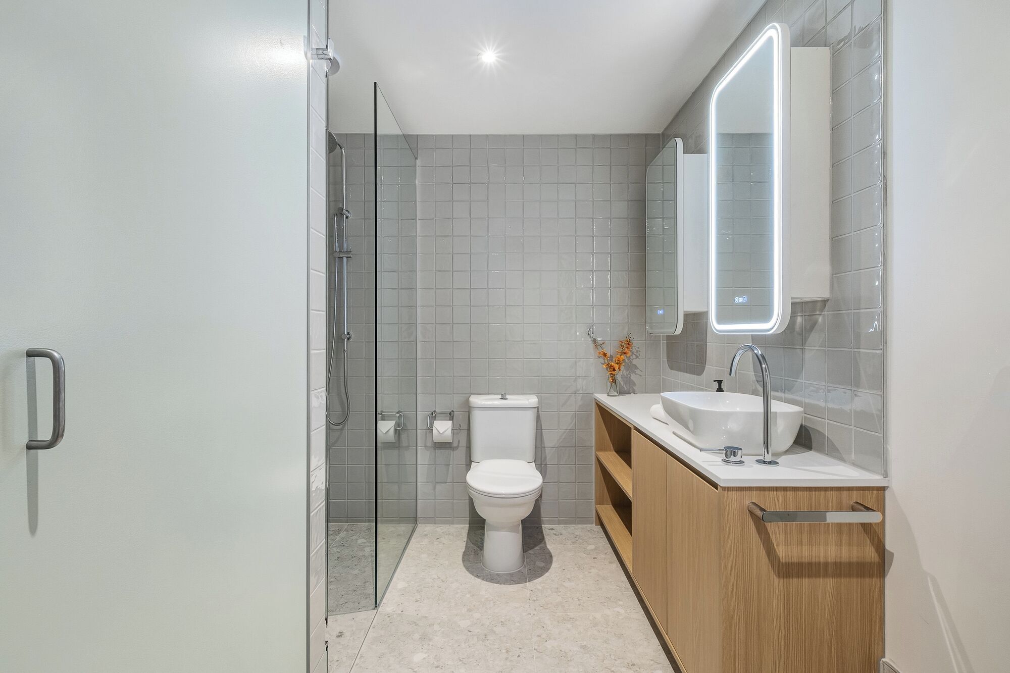 A modern bathroom with a glass-enclosed shower, a toilet, and a vanity with a sink and mirror.