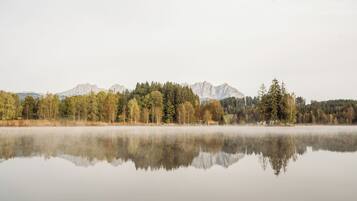 A calm lake with a reflection of trees and mountains in the background.