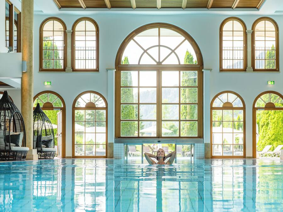 Indoor pool, outdoor pool, pool umbrellas, sun loungers