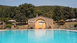 A swimming pool with lounge chairs and umbrellas, a stone building with a dome roof, and a forested hillside in the background.