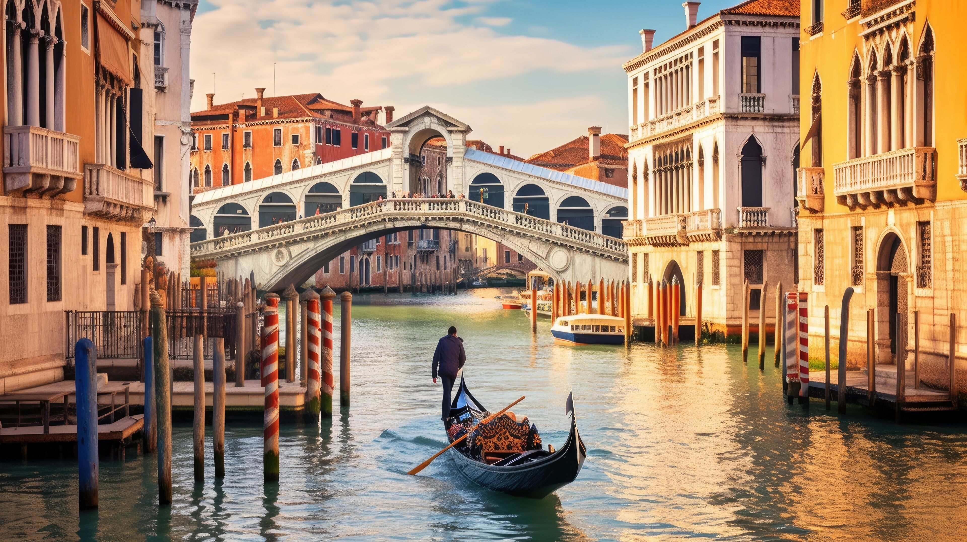 A canal with a gondola, a stone bridge, and historic buildings.