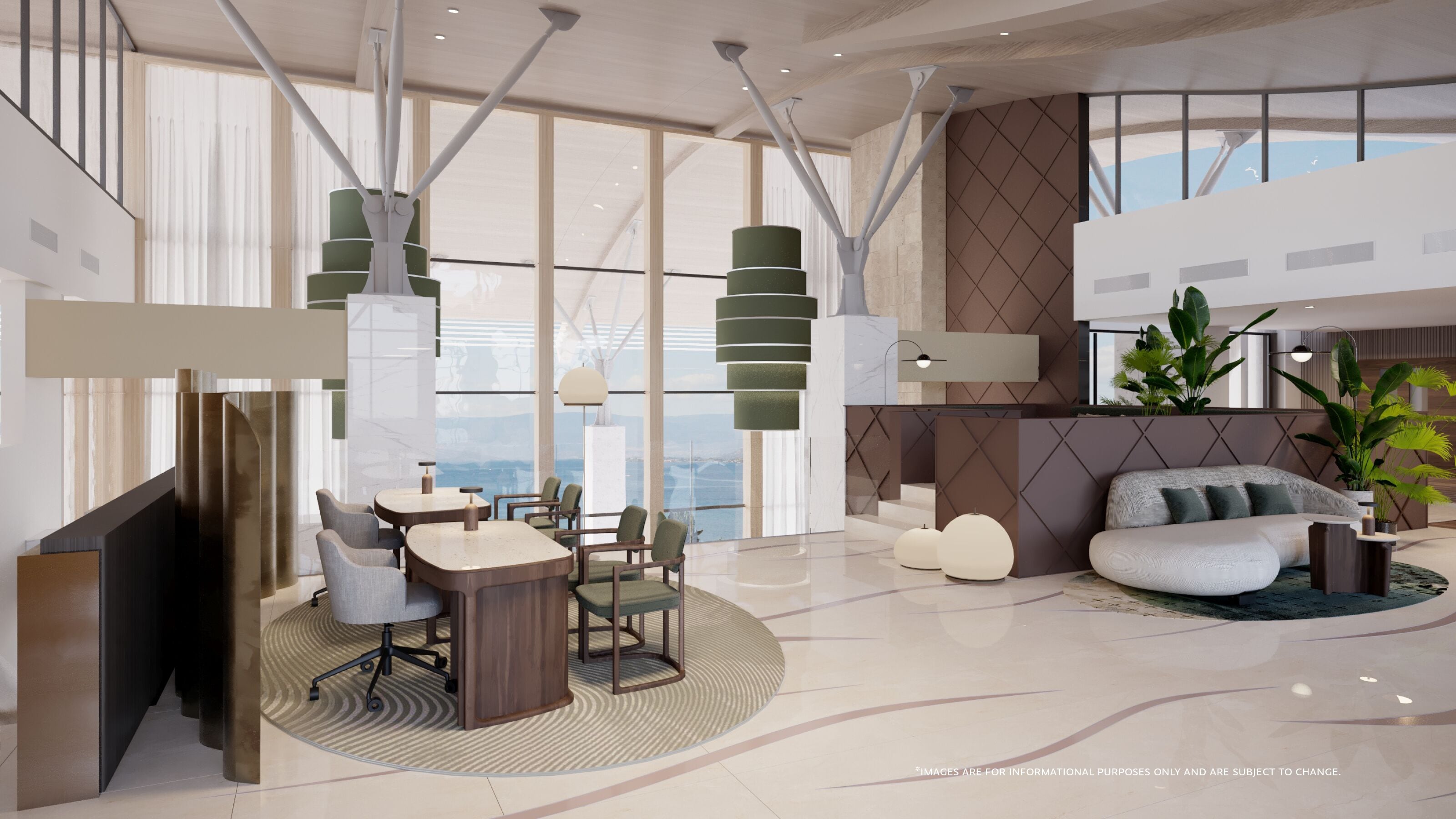 A modern hotel lobby with a large seating area, a sofa, and a view of the cityscape.
