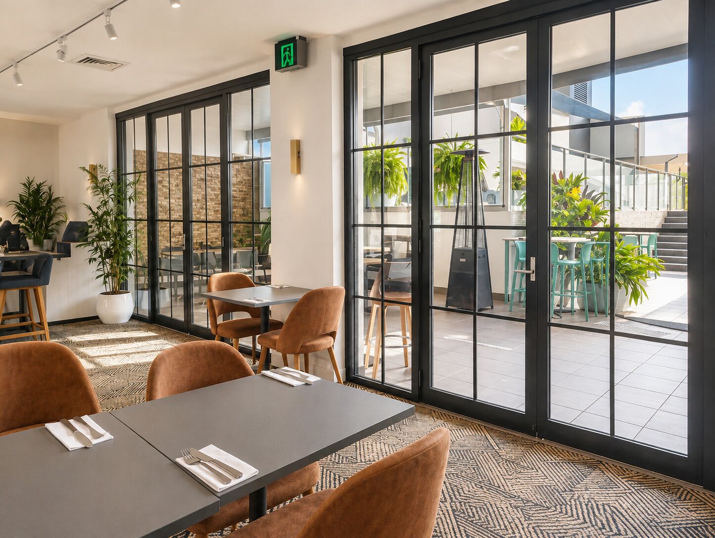 A modern dining area with large windows, a brick wall, and a mix of seating arrangements.