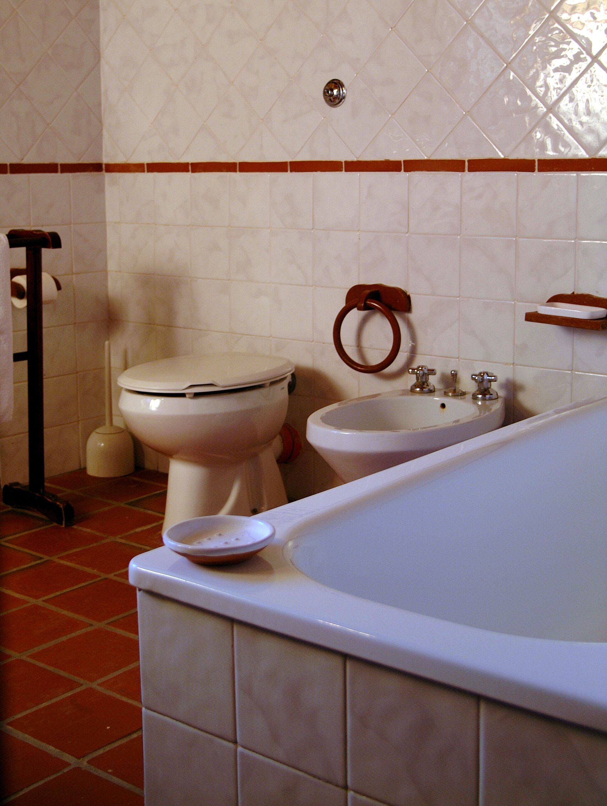 A bathroom with a toilet, bidet, and bathtub.
