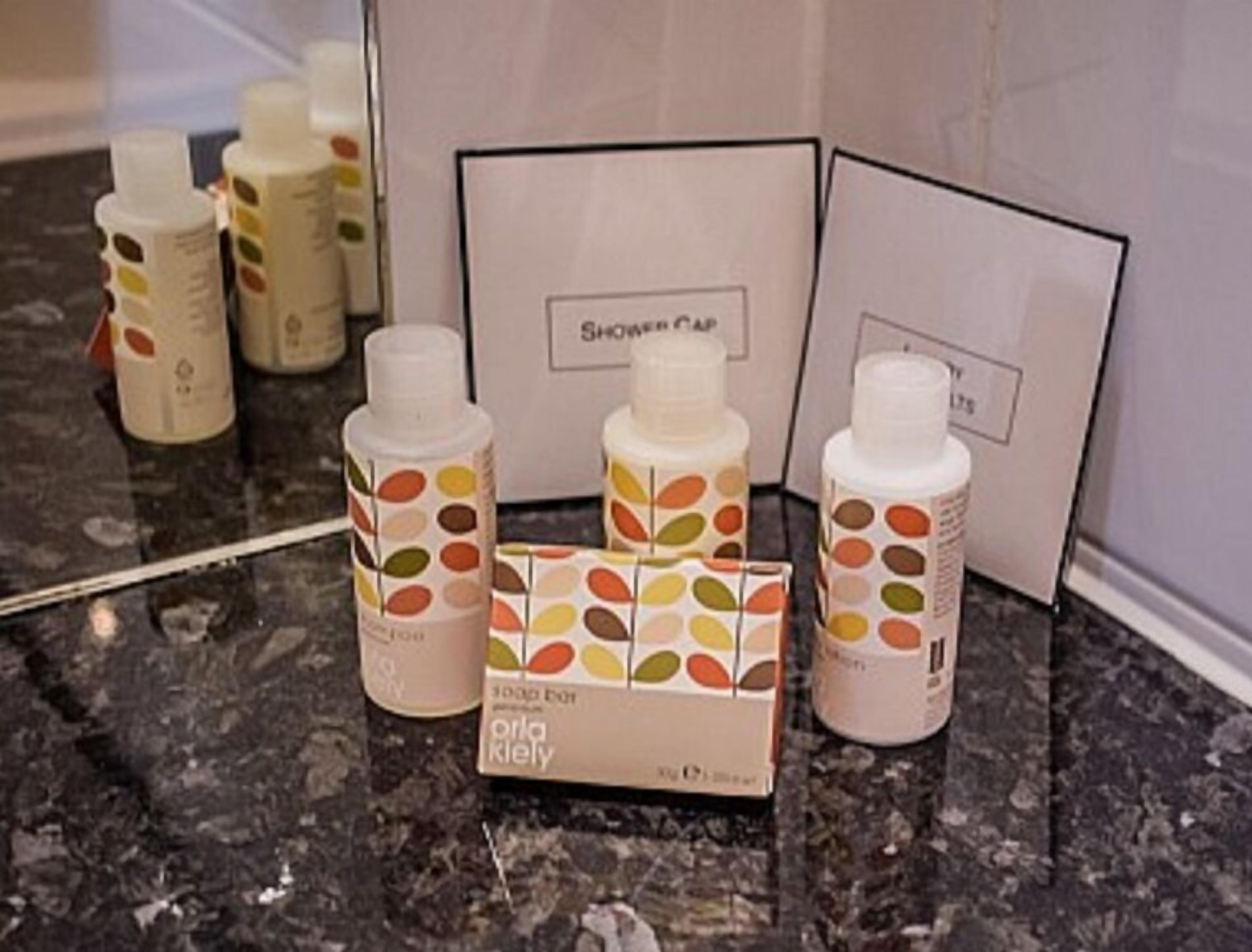 combined shower/bathtub, free toiletries, hair dryer, towels