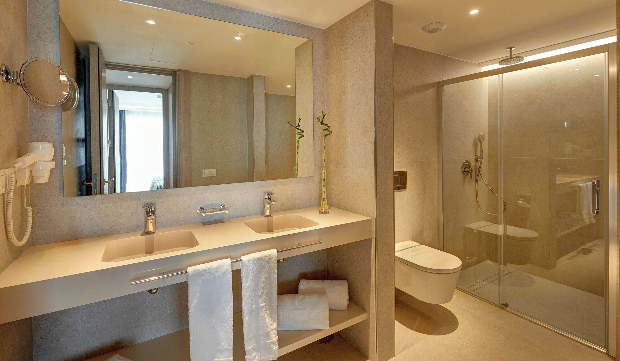 shower, rainfall showerhead, hair dryer, towels