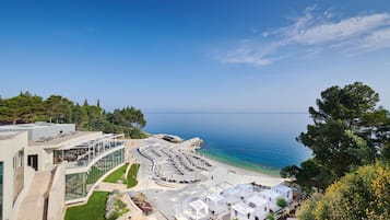 Private beach, white sand, free beach shuttle, beach cabanas