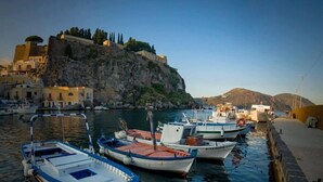 A harbor with boats docked, a stone wall, and buildings on a hillside.