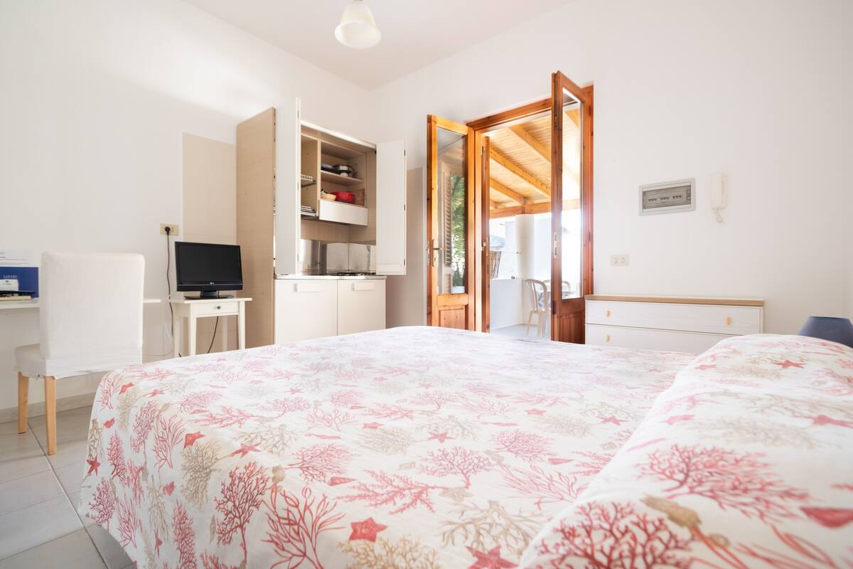Une chambre à coucher avec un lit, un bureau, une télévision et une armoire.