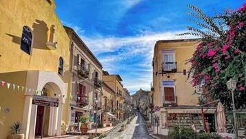 Una calle empedrada flanqueada por edificios históricos, un letrero de restaurante y macetas con plantas.