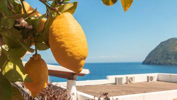 A balcony with a view of the sea and a distant island.