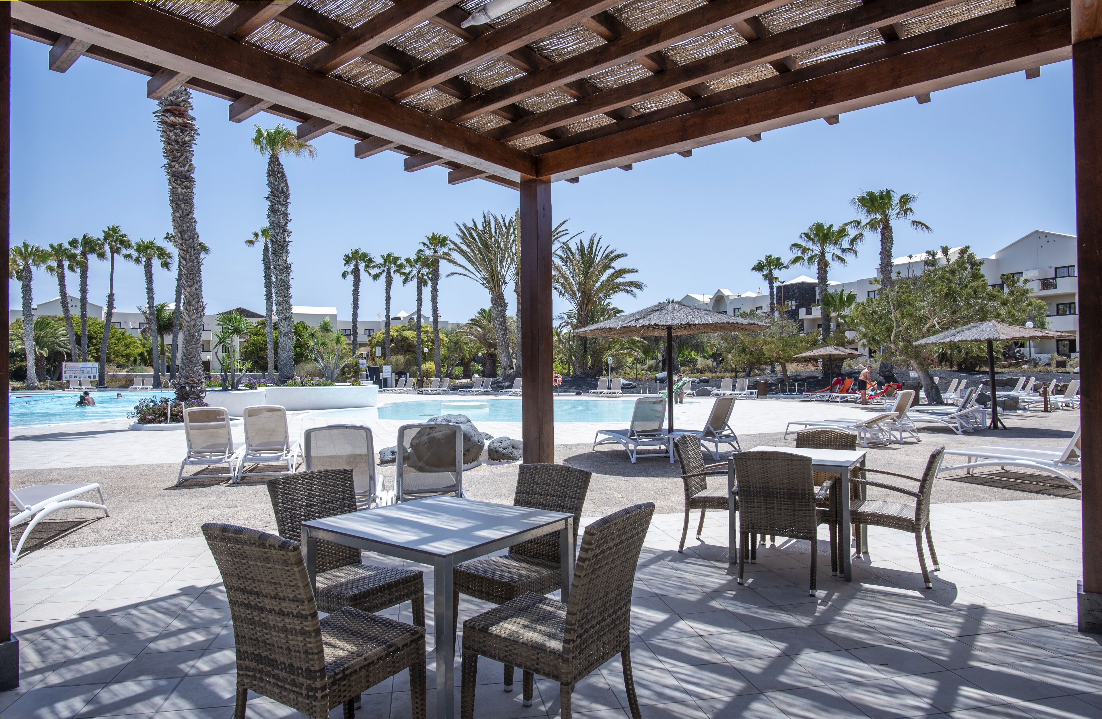 A covered outdoor area with lounge chairs and tables, a pool, and palm trees.