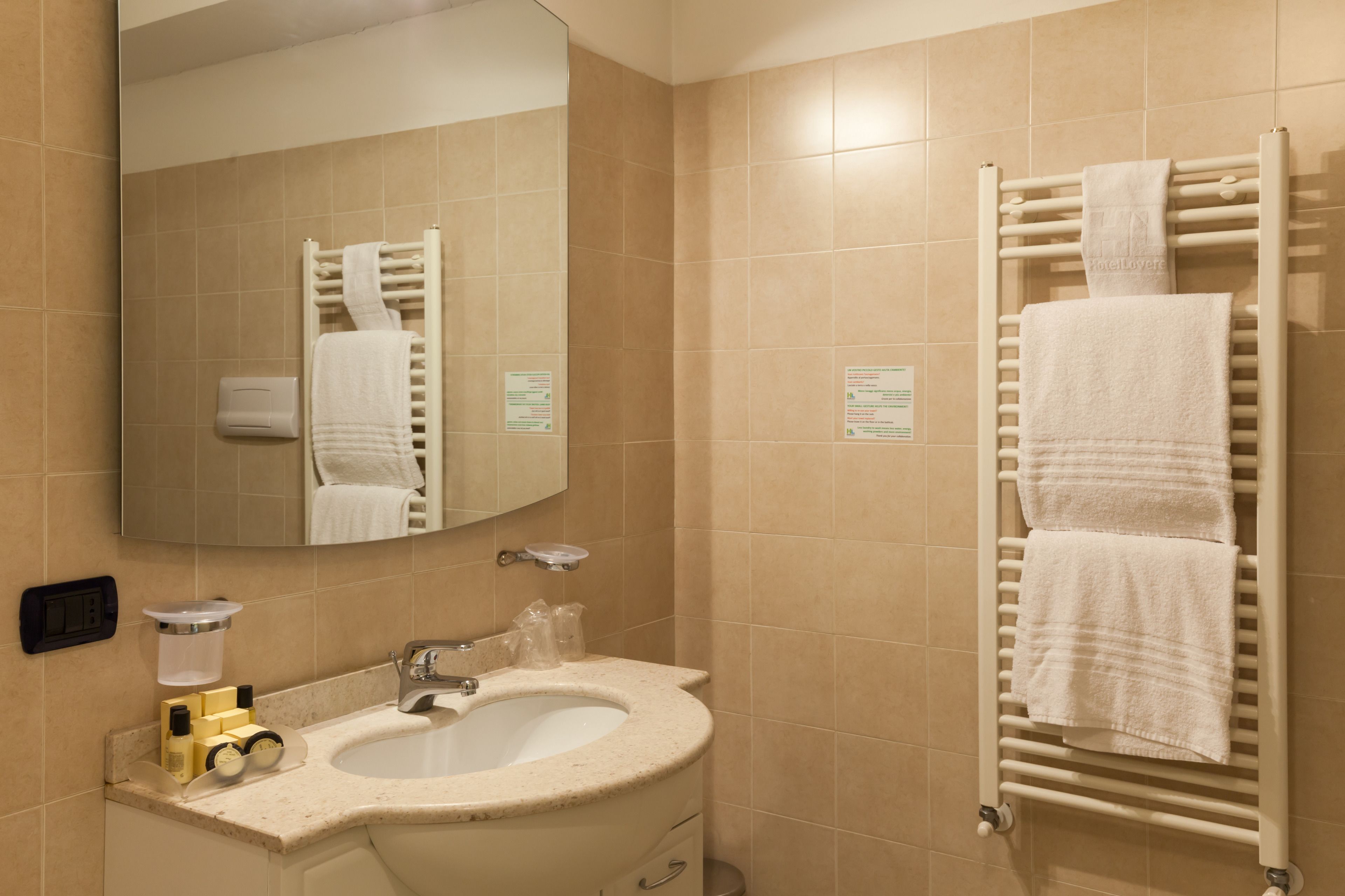 Un baño de hotel con lavamanos, espejo, toallero y artículos de aseo.