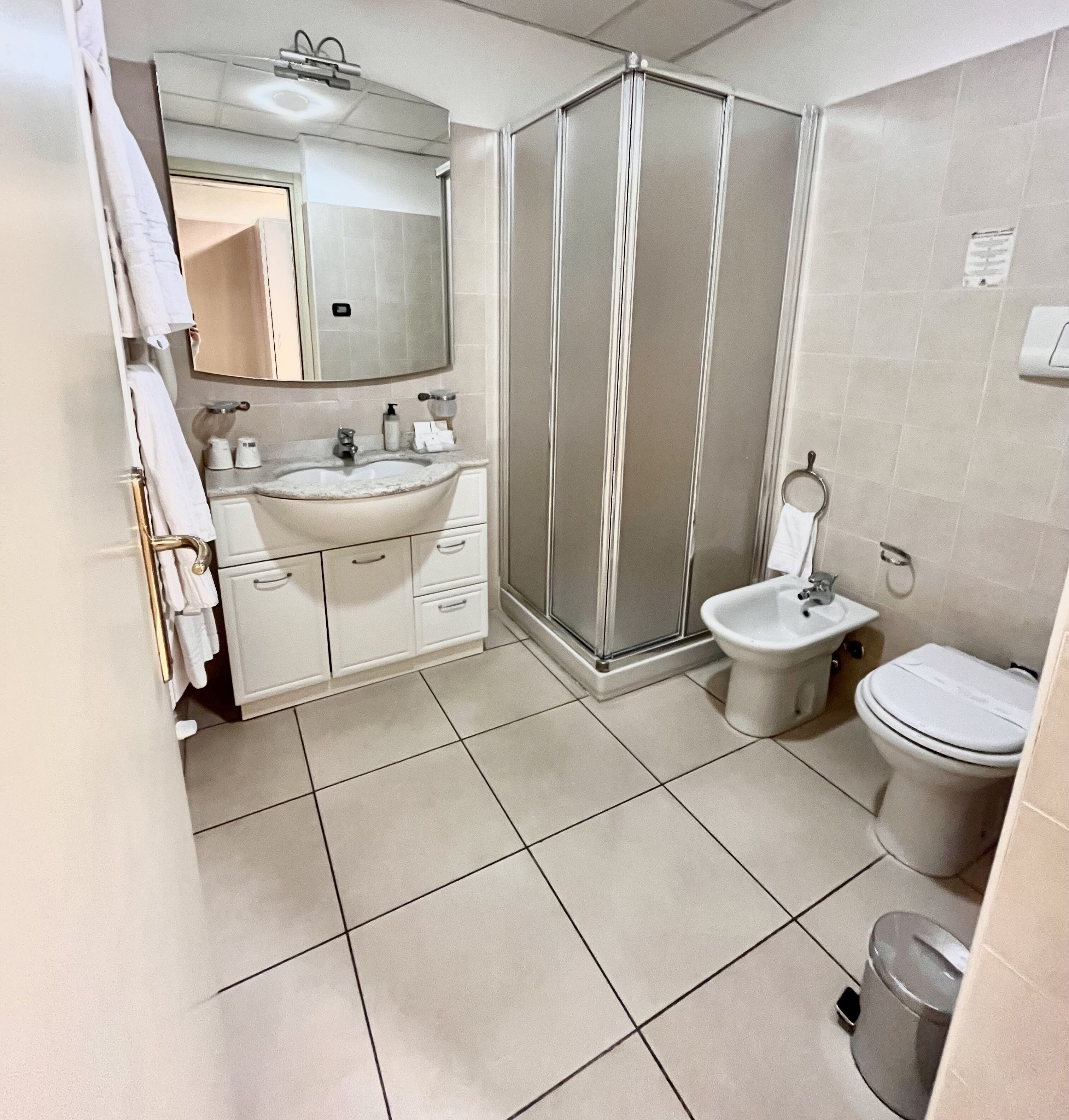 Une salle de bain moderne équipée d’un lavabo, d’un miroir, d’une douche, d’un bidet et de toilettes.