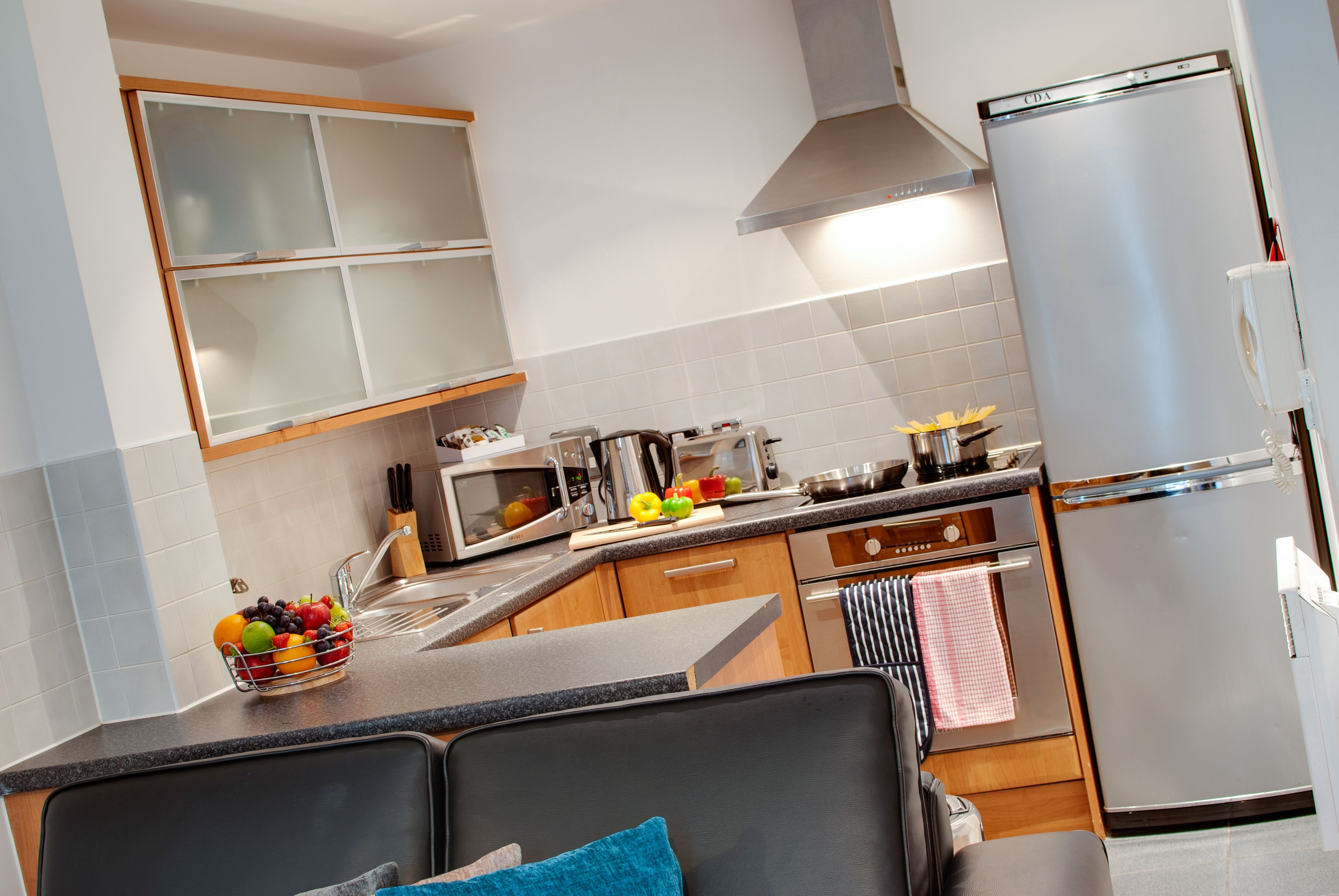 Full-sized fridge, microwave, stovetop, dishwasher