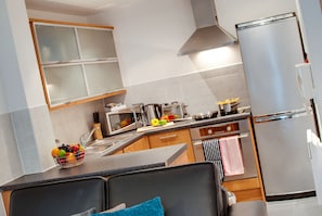 Grand réfrigérateur, micro-ondes, plaque de cuisson, lave-vaisselle