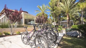 Une rangée de vélos est garée devant un bâtiment moderne doté de grandes fenêtres et d’une façade en pierre.