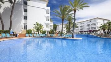 Indoor pool, outdoor pool, pool umbrellas, sun loungers