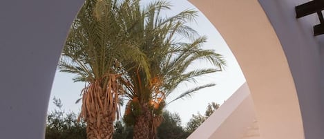 Una escalera blanca que sube a un balcón, rodeada por un muro blanco y un arco.