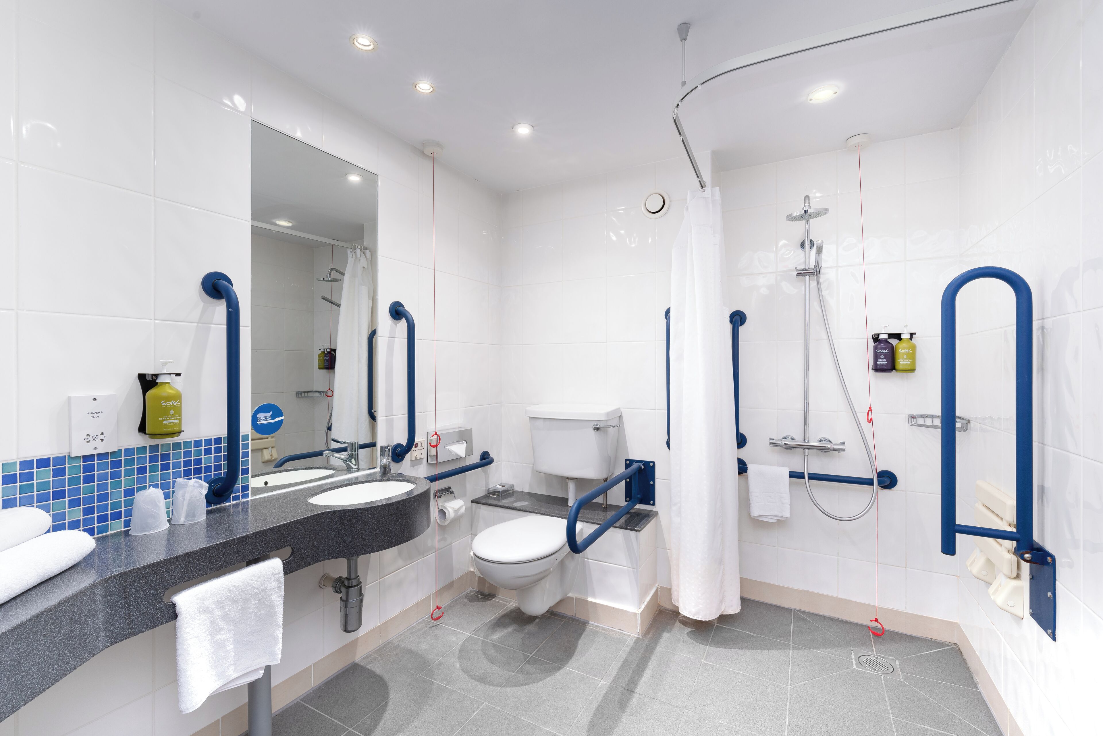 Un bany modern amb un lavabo, vàter i zona de dutxa, equipat amb barres de suport i dutxa accessible.