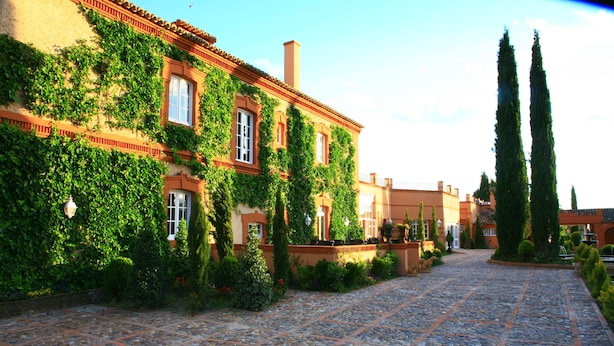 A cobblestone courtyard with a building covered in ivy, stone pathway, and tall cypress trees. - Valdepalacios (Torrico)