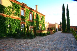 A cobblestone courtyard with a building covered in ivy, stone pathway, and tall cypress trees.