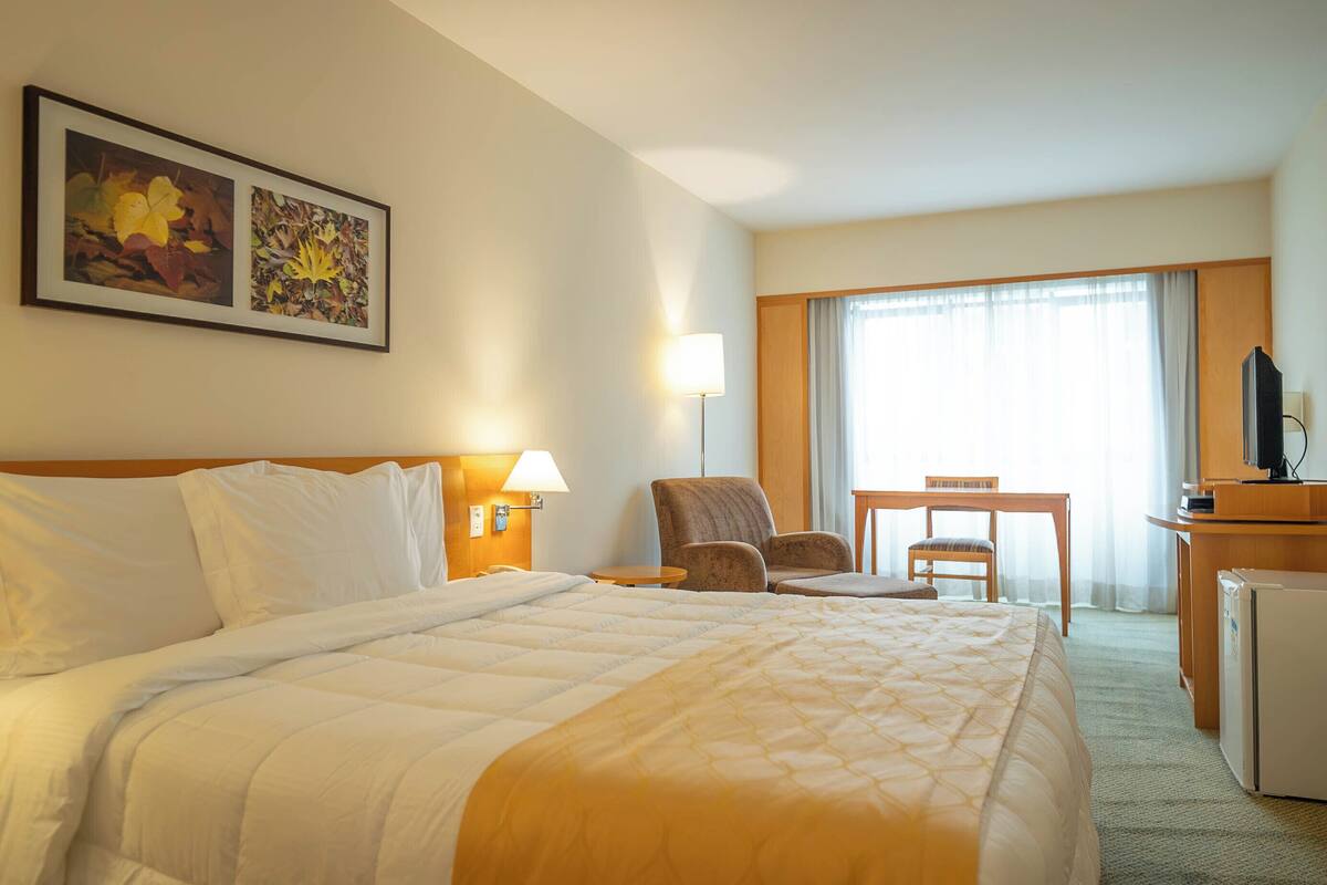 Une chambre d’hôtel avec un grand lit, un bureau avec une chaise, une télévision et une fenêtre avec des rideaux.