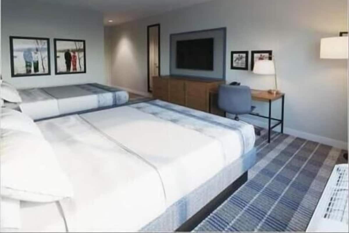 Desk, laptop workspace, blackout drapes, iron/ironing board