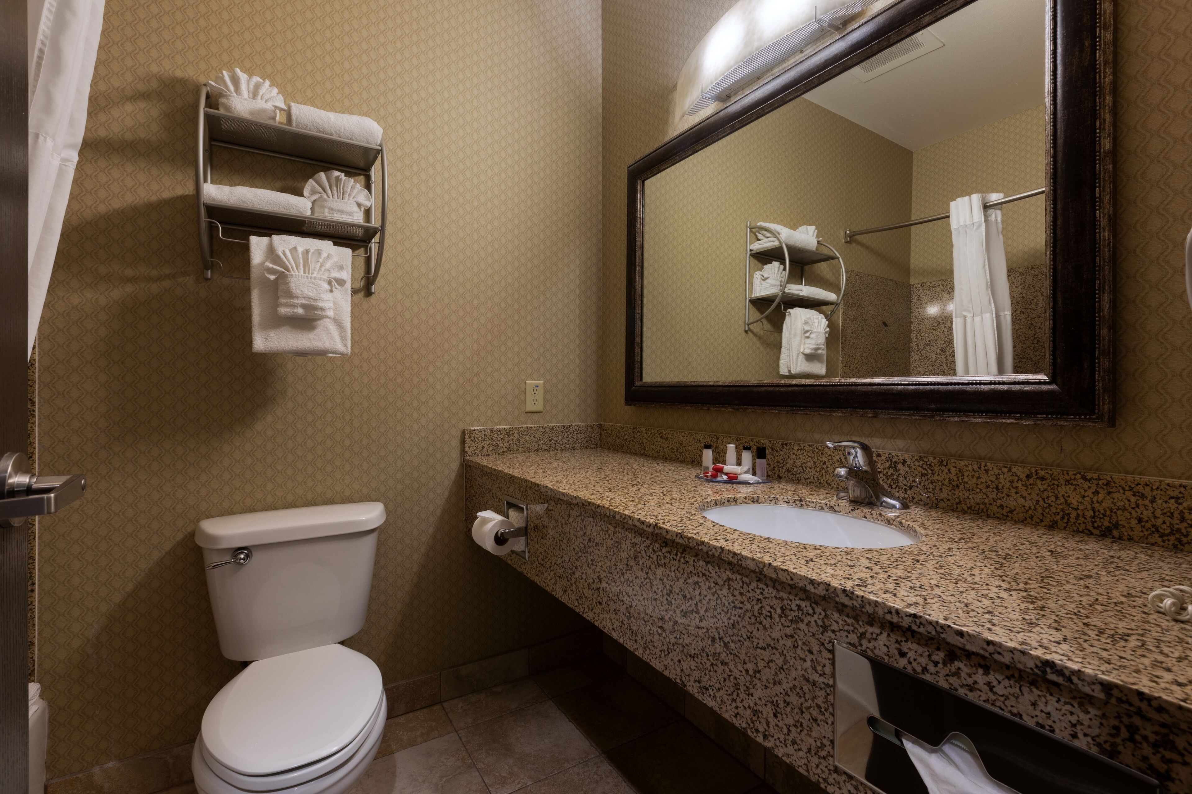 Un baño con inodoro, lavamanos y espejo.