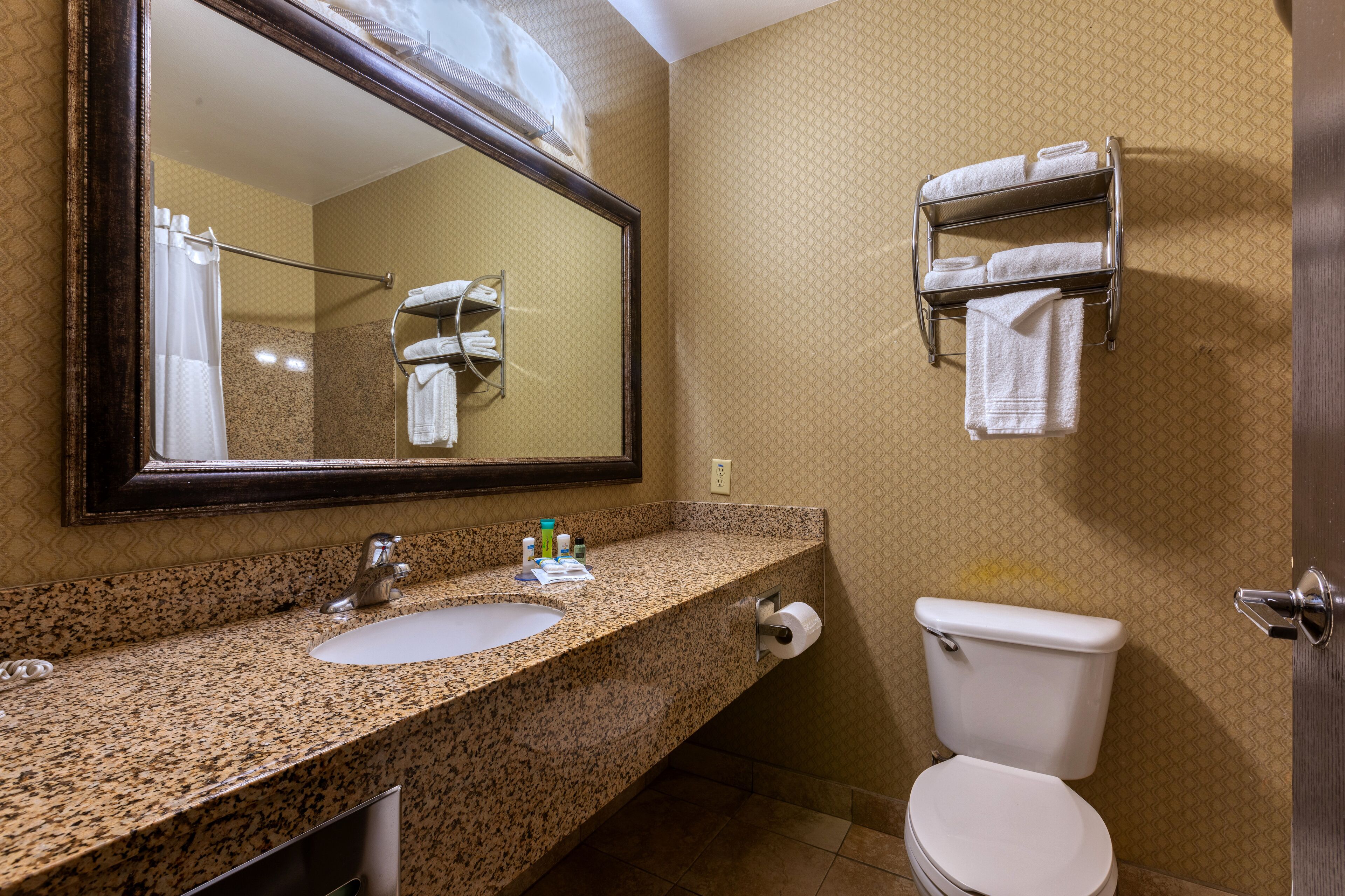Un baño con lavamanos de granito, espejo, toallero y retrete.