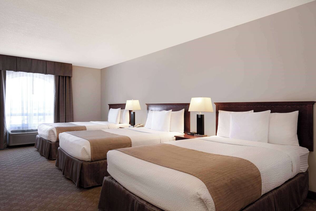 A hotel room with two beds, each with a bedside table and lamp, a large window with curtains, and a carpeted floor.