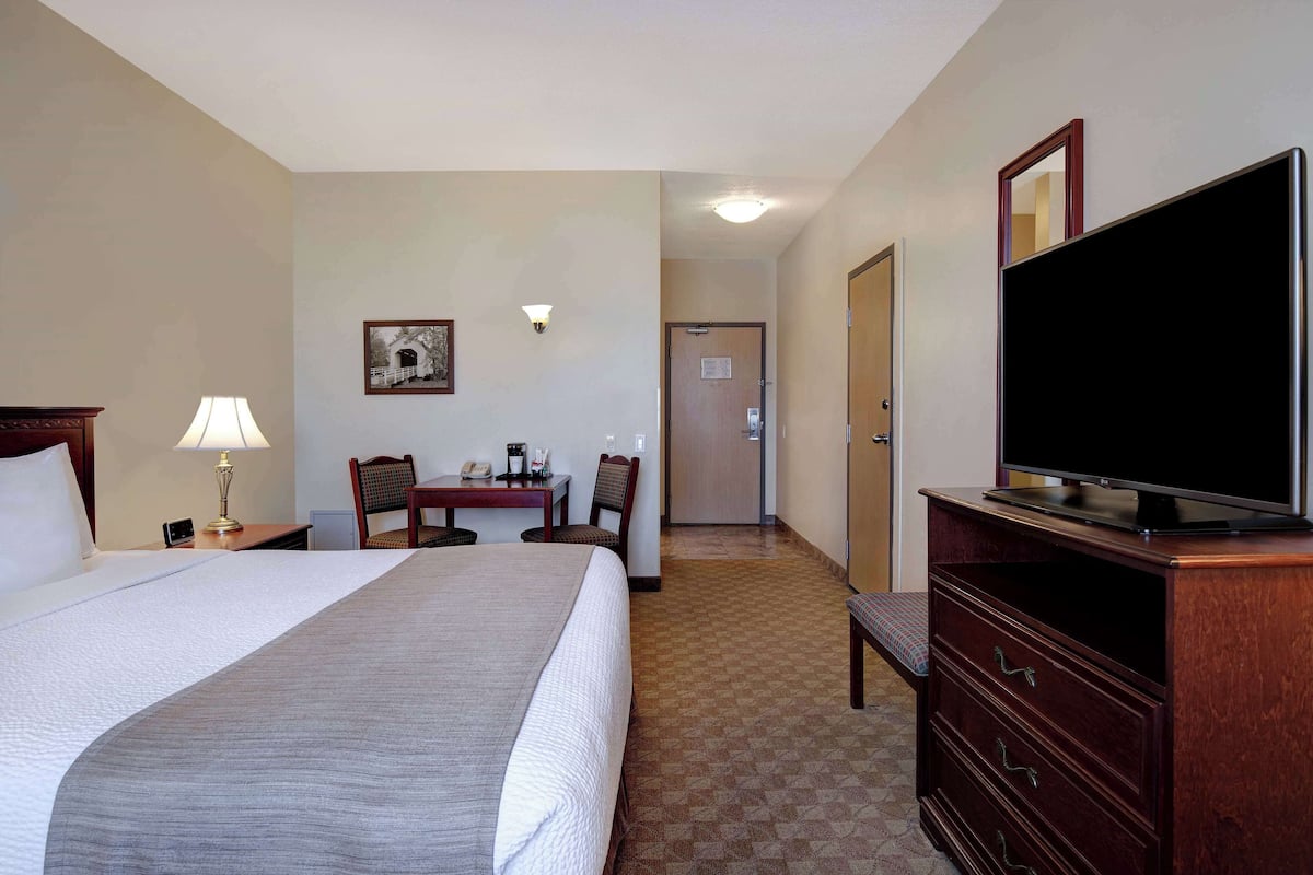 A hotel room with a large bed, a desk with a chair, a television, and a dresser.