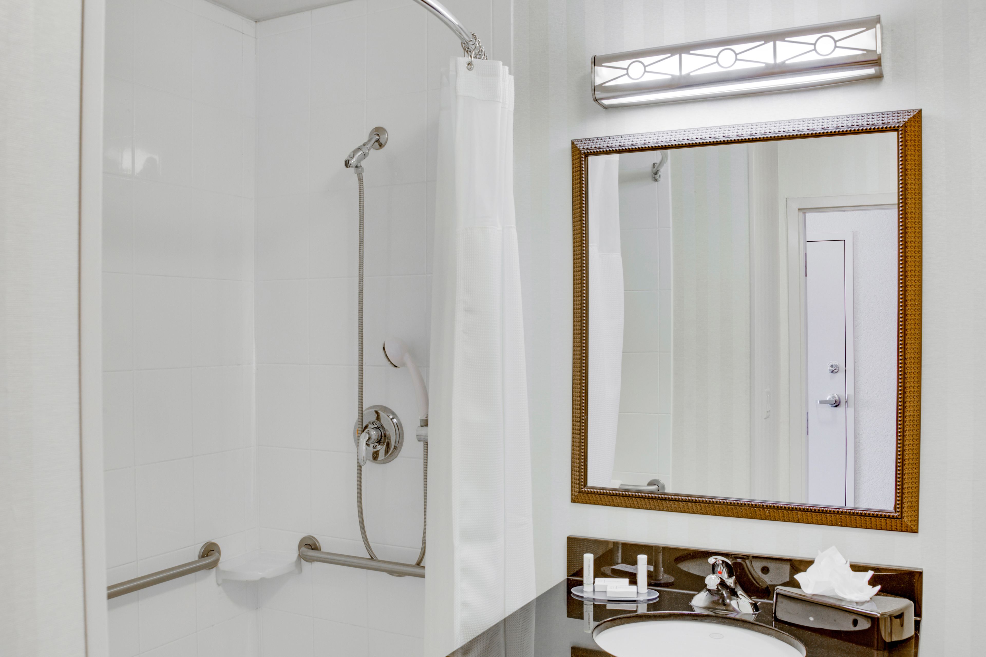 combined shower/bathtub, free toiletries, hair dryer, towels