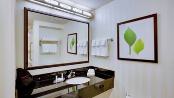 A bathroom with a large mirror, a sink, and a framed picture of leaves.