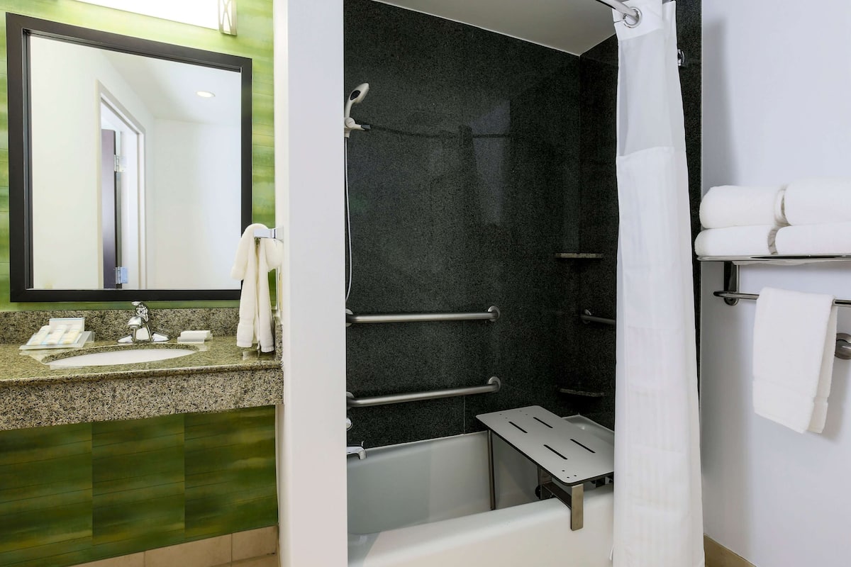 shower, hydromassage showerhead, hair dryer, towels