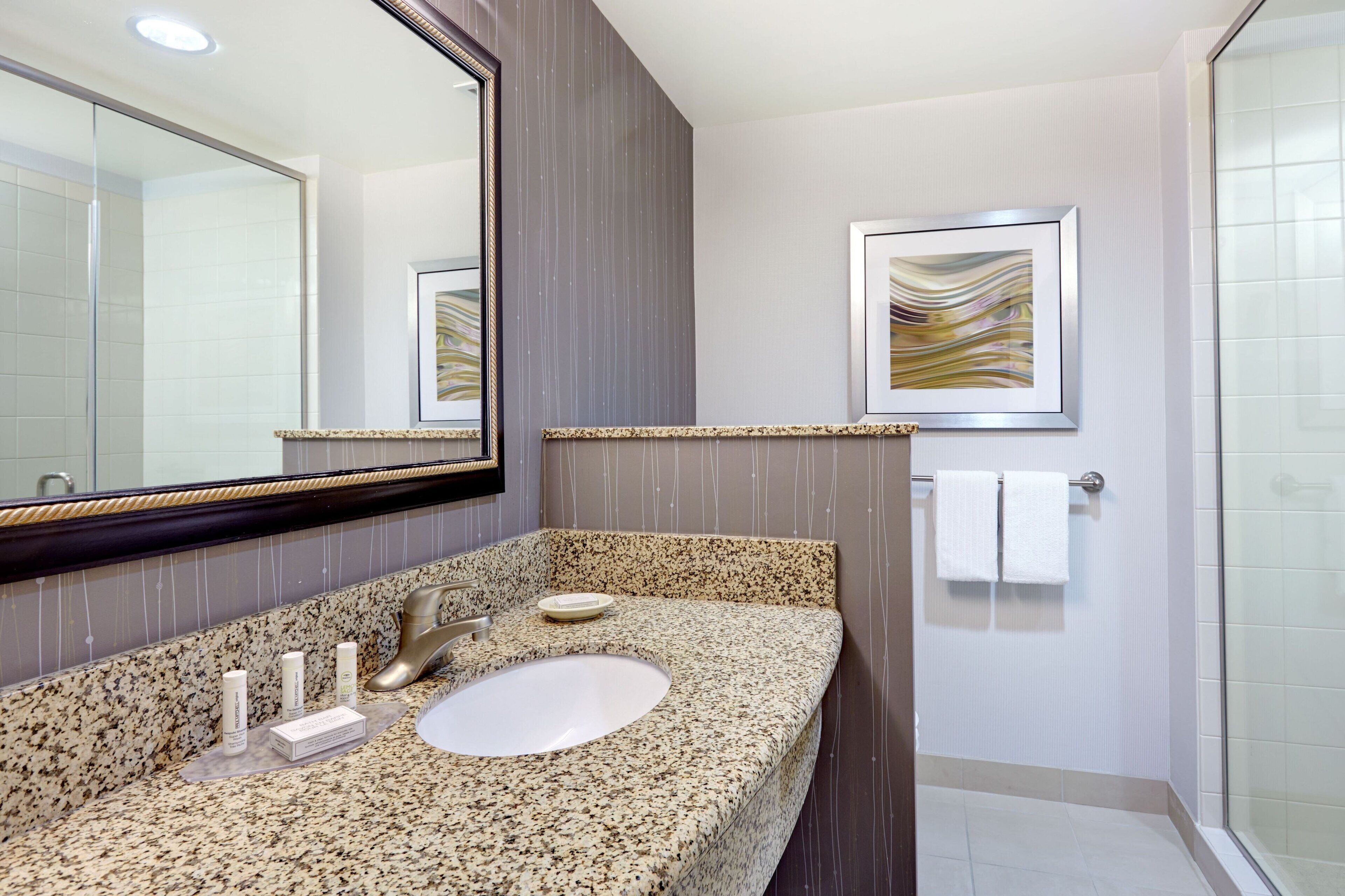 combined shower/bathtub, free toiletries, hair dryer, towels