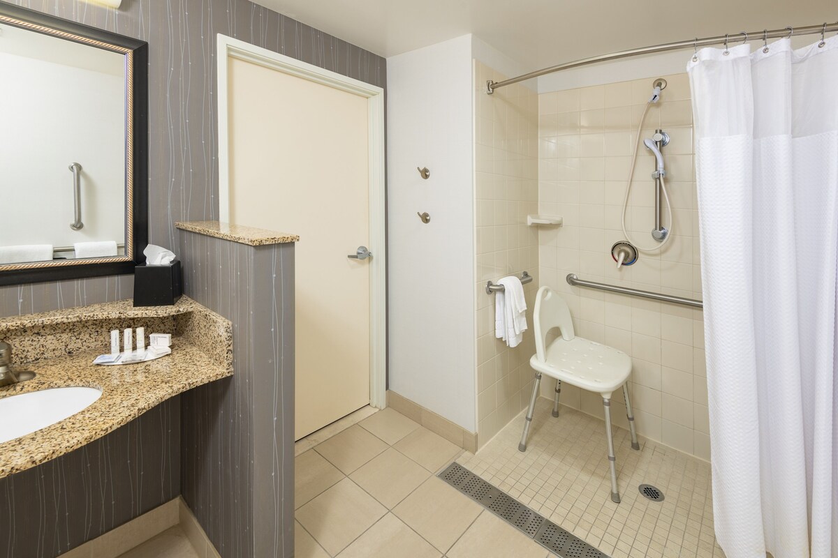A bathroom with a sink, mirror, shower, and a wheelchair-accessible chair.