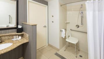 A bathroom with a sink, mirror, shower, and a wheelchair-accessible chair.