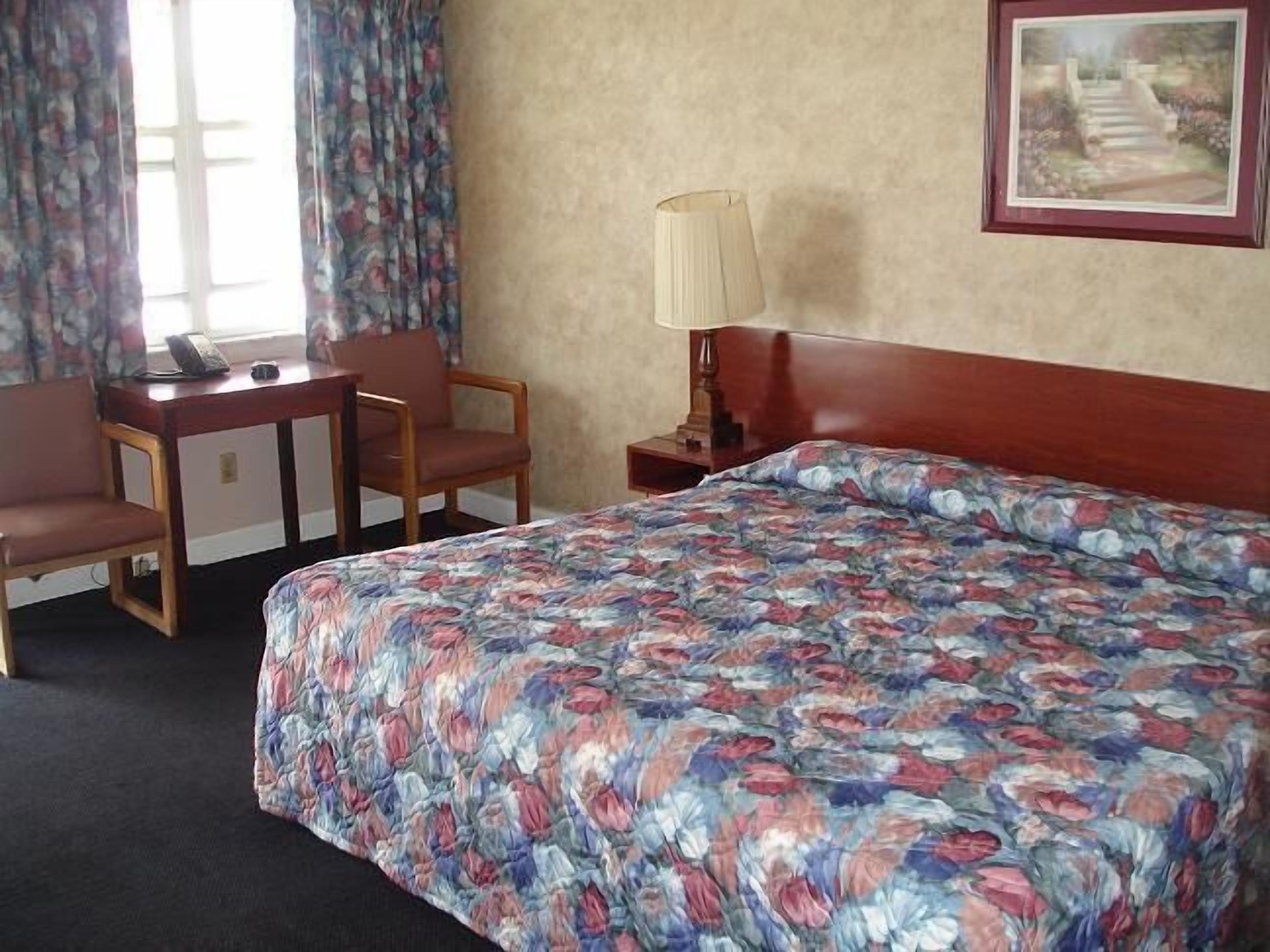 Ein Hotelzimmer mit einem Bett, einem Schreibtisch, einem Stuhl, einer Lampe und einem Gemälde an der Wand.