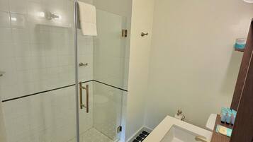 A modern bathroom with a glass-enclosed shower, a white sink, and a mirror.