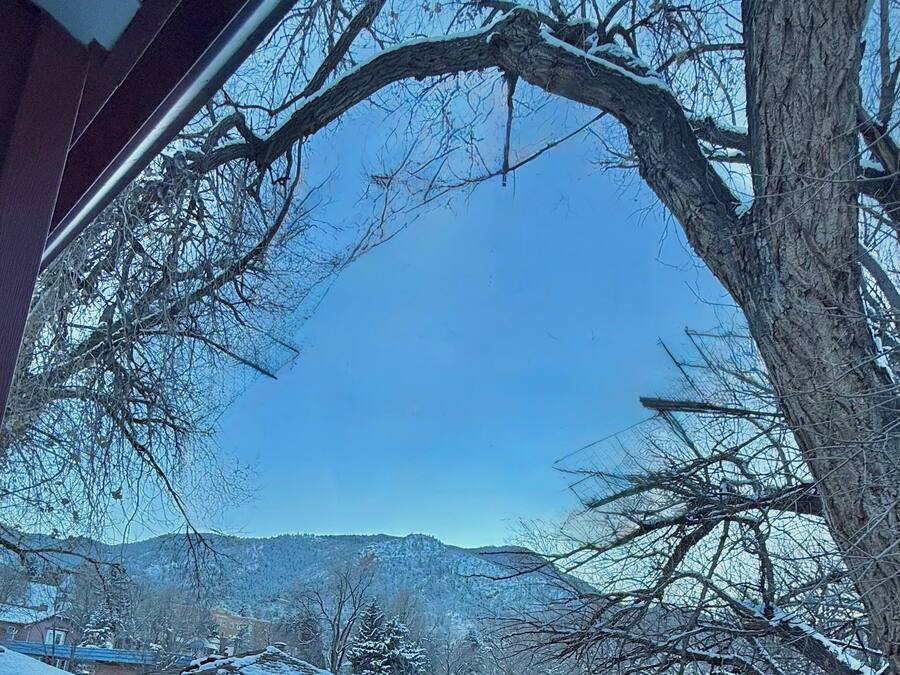 Paisaje nevado con cielo despejado, un árbol en primer plano y una casa y montañas a lo lejos.