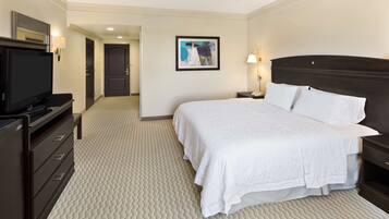 A hotel room with a large bed, a television, a desk, and a framed picture on the wall.