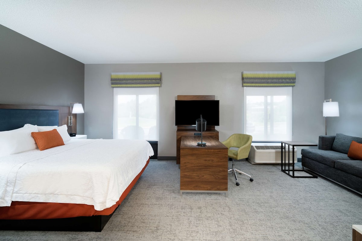 A hotel room with a bed, a desk, a TV, a sofa, and a chair.