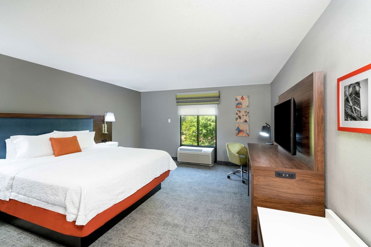 A hotel room with a bed, a desk, a TV, and a window with a view of trees.