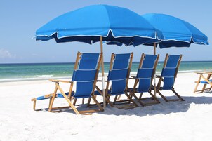 Four blue beach chairs under a large blue umbrella on a sandy beach with the ocean in the background.