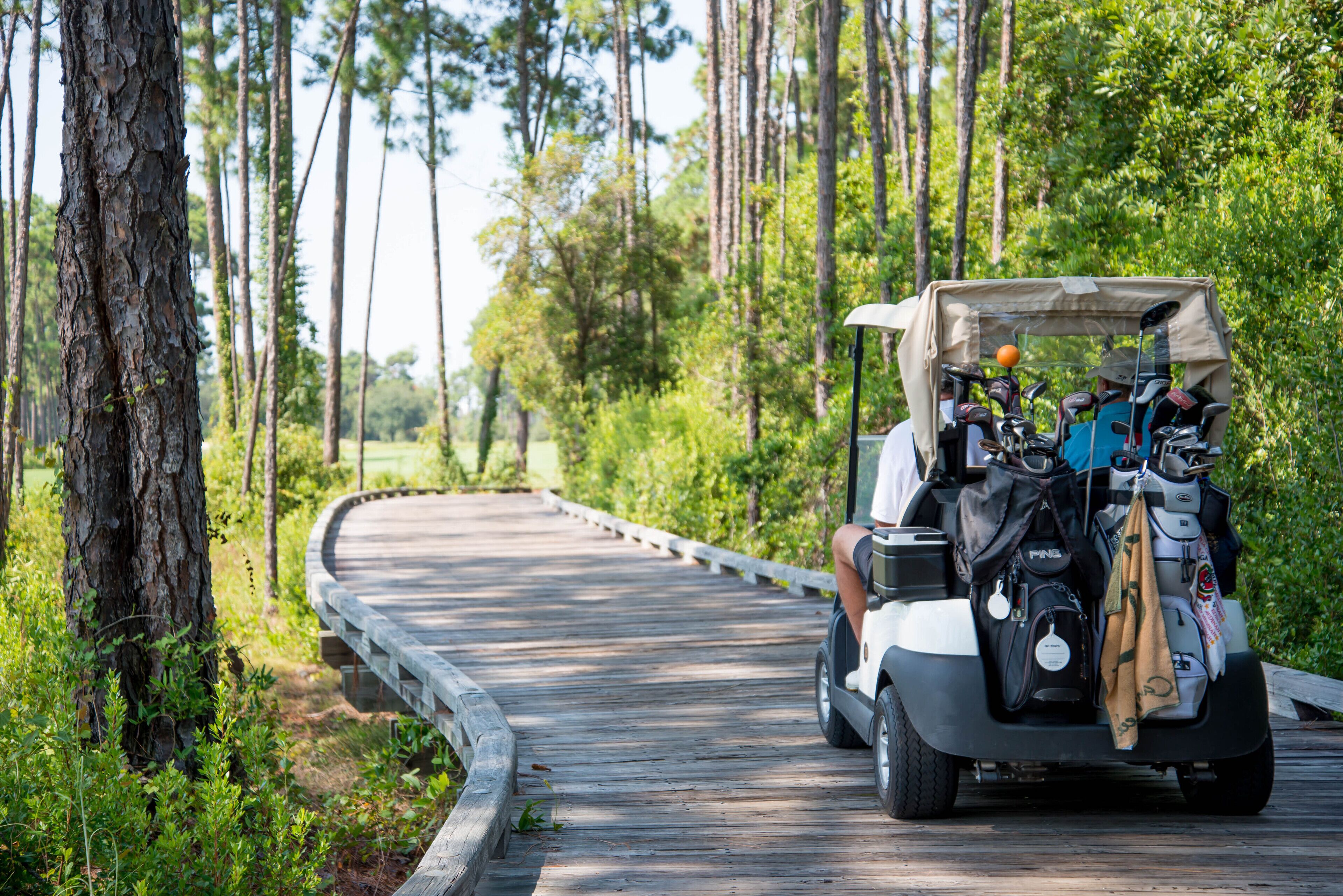 Golfiauton voi nähdä puukävelytiellä, jonka ympärillä on puita.