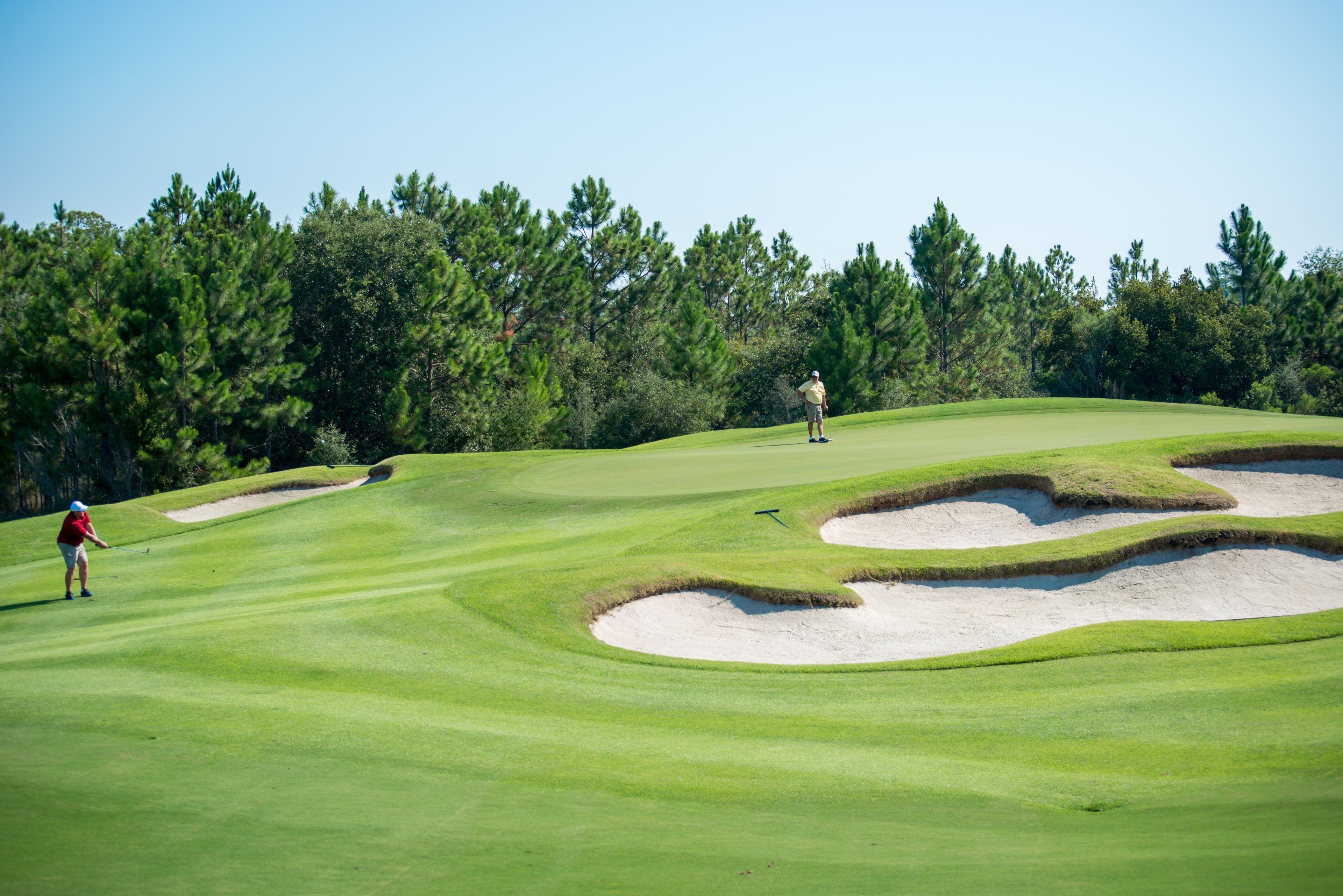 A golf course with sand bunkers and a clear sky.